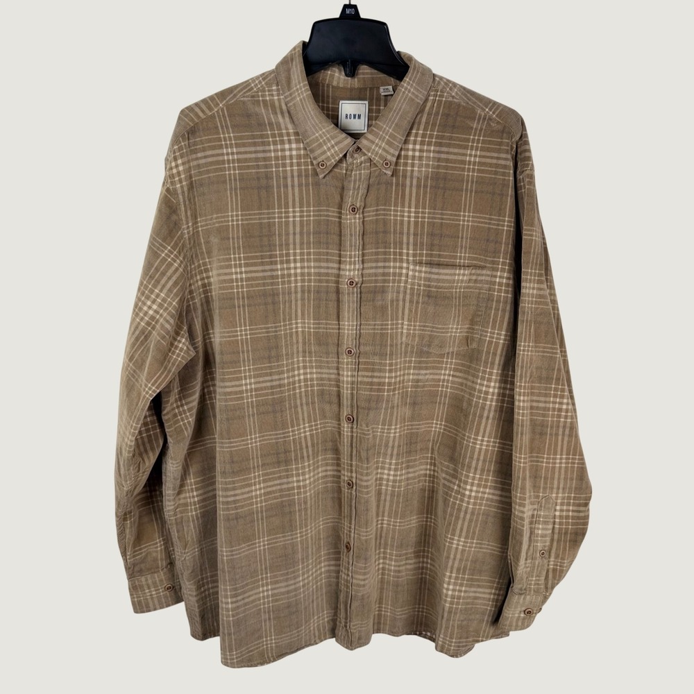 ROWM Mens XXL Corduroy Button Down Shirt Brown Plaid Cotton Fall Dillards
